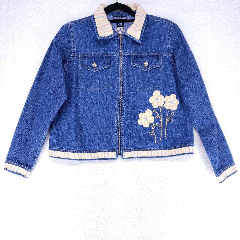 Fashion Classics Zip Up Blue Jean Jacket Womens size Med Denim Casual Coat